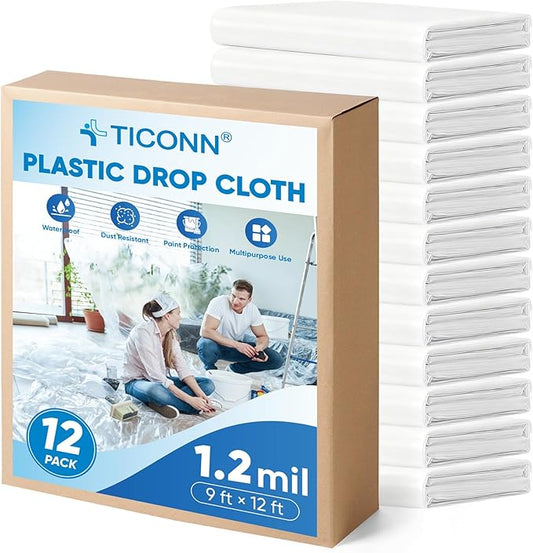 TICONN 12 x 9 Ft Plastic Drop Cloth for Painting, Waterproof Painters Plastic Sheeting, Painting Tarp for Furniture Cover, Floor Protection (12PK, 1.2Mil)