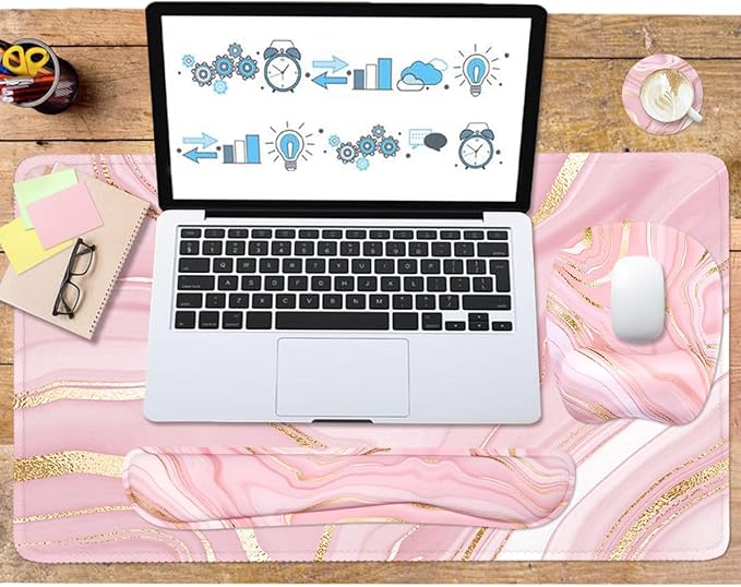 Keyboard Wrist Rest Large Mouse Pad Wrist Support for Computer, 4 in 1 Memory Foam Keyboard Pad Desk Mat Ergonomic Hand Rest Wrist Cushion for Home Office Gaming - Pink Marble