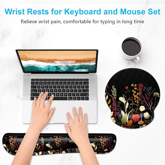 Dapesuom Keyboard Wrist Rest and Mouse Pad with Wrist Support, Cute Memory Foam Cushion for Keyboard and Mouse Set, Desktop Pad Rests with Non Slip Base for Easy Typing & Pain Relief, Floral Cartoon