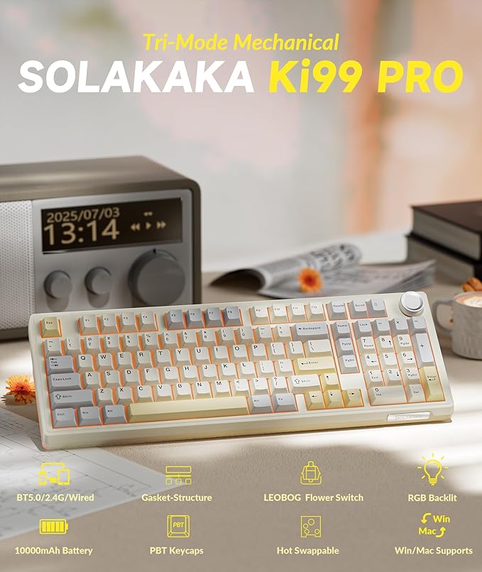 KI99 Pro 96% Wireless Mechanical Gaming Keyboard, Creamy Keyboard with Number Pad, Hot-Swappable Pre-Lubed Switches, Gasket Structure RGB Keyboards for Gamer/PC/Laptop(Beige White)