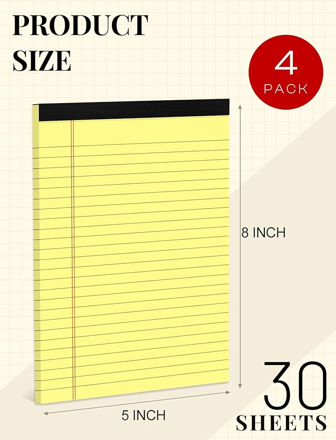 Yellow Legal Pads 5×8 Small Notepads 4 Pack Yellow Note Pads 5×8 College Ruled Perforated Writing Pads 80 GSM Lined Pads of Paper Writing Tablets 5×8 Memo Pads for Office, Home, School, 30 Sheet/ Pad