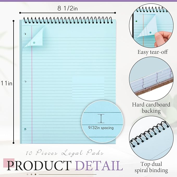10 Packs 8.5" x 11" Top Spiral Notebook with 3 Hole Punched Legal Pads College Ruled Notepad 50 Sheets Hard Cardboard Paper Wirebound Notepad for Office School Business (Pink,Blue,Purple)