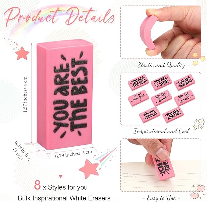 PerKoop 50 Pcs Pcs Inspirational Pink Erasers Bulk Small Motivational Block Pencil Erasers Back to School Gifts for Classroom Students Teachers Office Stationery Supplies