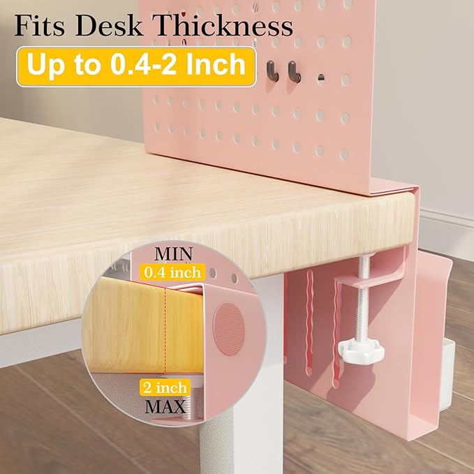 Desk Side Storage with Clamp-on Pegboard,Desk Side Storage,Steel Privacy Panel,No Drill Side Desk Organizer with Pen Holder,Table Side Organizer Laptop Holder for Office and Home (Pink)
