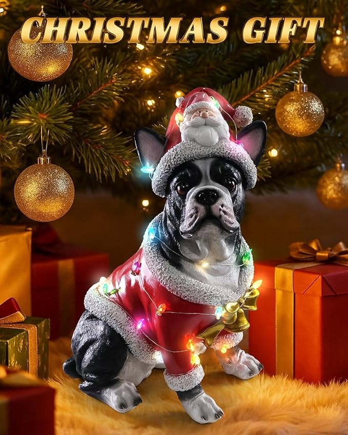 Christmas Outdoor Decoration Dog Statue, LED Light Cute French Bulldog Sculpture with Santa Outfit & Lights for Garden and Yard, Indoor Holiday Décor Gift for mom and dad