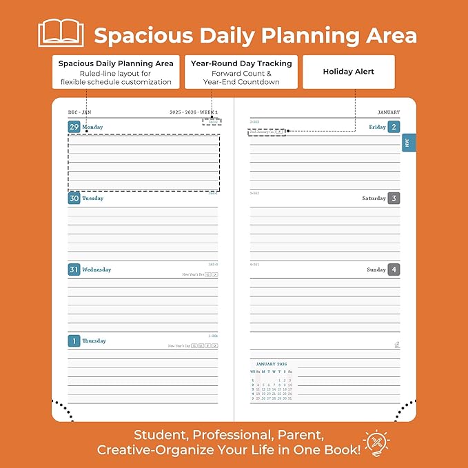 Planner 2026 Daily Weekly and Monthly,6.5"x3.75",12 Months Spiral Bound Calendar Agenda with Self-adhesive Pen Holder,2026 Appointment Book with Vegan Leather Soft Cover,Orange