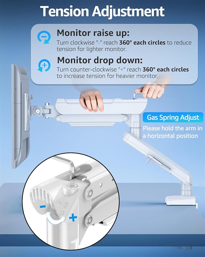 Single Monitor Mount for 22 24 27 32 inch Screen, Gas Spring Arm Holds 4.4-22 lbs, Monitor Desk Mount, Gaming & Home Office Use, VESA 75x75mm & 100x100mm, Freelift Pro White