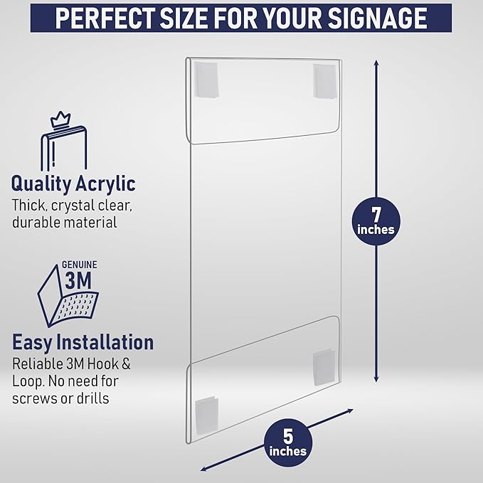 Wall Mount Acrylic Sign Holder - 5 x 7 Inches Portrait or 7 x 5 Inches Landscape Photo Frames with Hook and Loop Adhesive. Perfect for Signs, Menus, Documents, Pictures, Flyers, and More