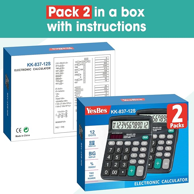 12 Pack Calculator Bulk, 12 Digits Calculators Desktop with Large LCD Display and Sensitive Butto, Solar and Battery Dual Power, Desk Calculator for Office, School, Home
