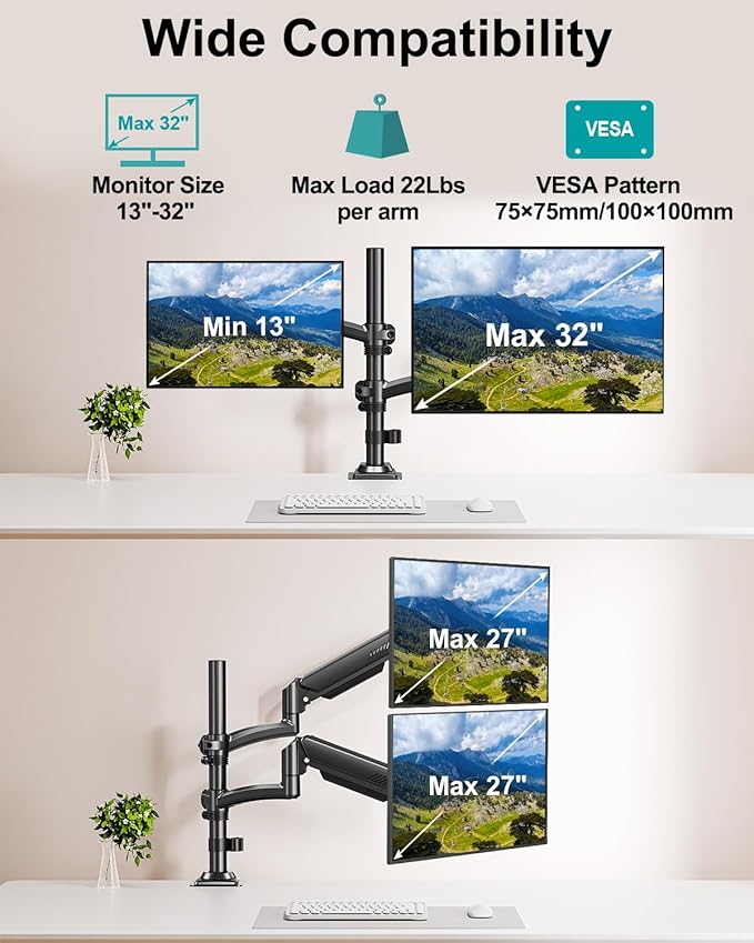 Dual Monitor Stand for Desk, Taller Monitor Arms for 2 Screens up to 32 inch, Ergonomic Adjustable Gas Spring Double Computer Monitor Mount, Holds 4.4-22lbs, VESA 75/100mm, Black, Freelift