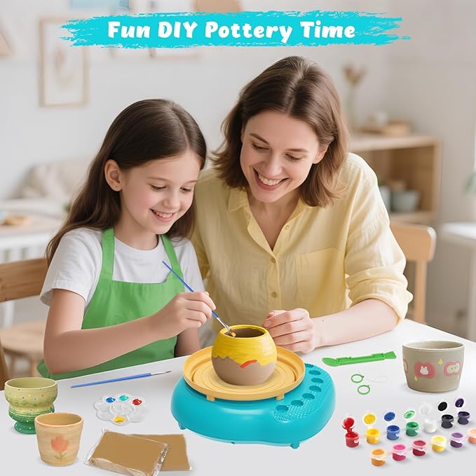 TingingYuli Pottery Wheel for Kids,Complete Pottery Kit and Tools for Beginners,Arts and Crafts Toys for Kids Ages 8-12,Art Supplies Birthday Gifts for Boy Girl Age 6 7 8 9 10 11 12 (Yellow/Cyan)
