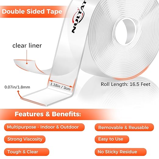 Strong Double Sided Tape Heavy Duty Double Sided Tape for Walls, Clear & Tough Double Sided Mounting Nano Tape, Removable Adhesive Wall Tape for Hanging Picture, Poster, Carpet (16.5FT)