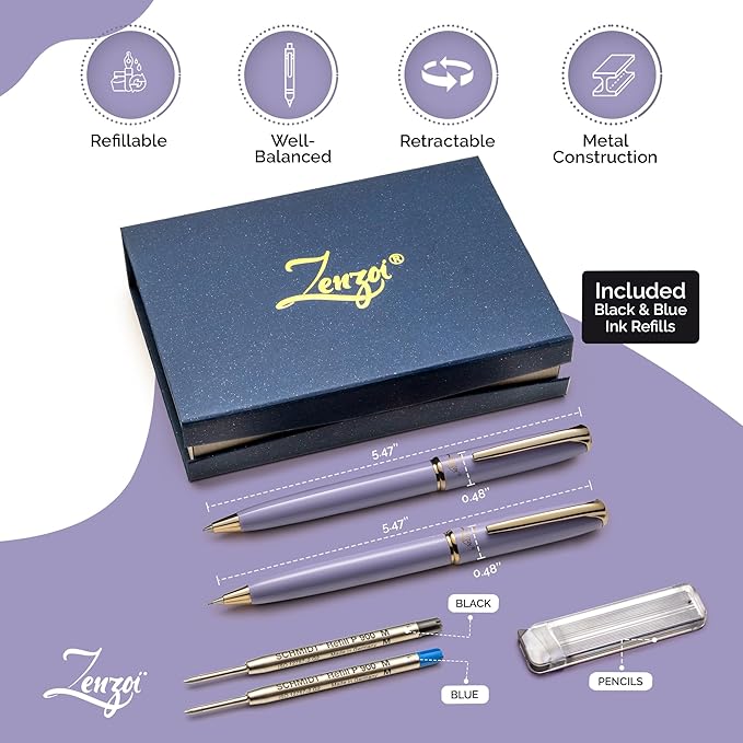 ZenZoi Elegant Pen and Pencil Metal, Retractable Luxury Ballpoint Pen & Mechanical Pencil 0.7 MM. Fancy, Quality Writing Set for Women, Men