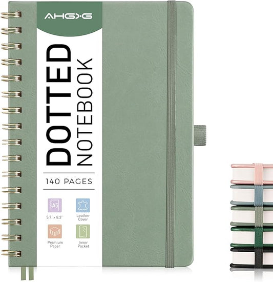 AHGXG Bullet Dotted Journal Spiral Notebook, Hardcover Leather Dotted Notebook 140 Pages, A5 Dot Grid Paper Notebook, 100 gsm Thick Paper, for Bullet Journaling, 5.7" x 8.3", Sage Green