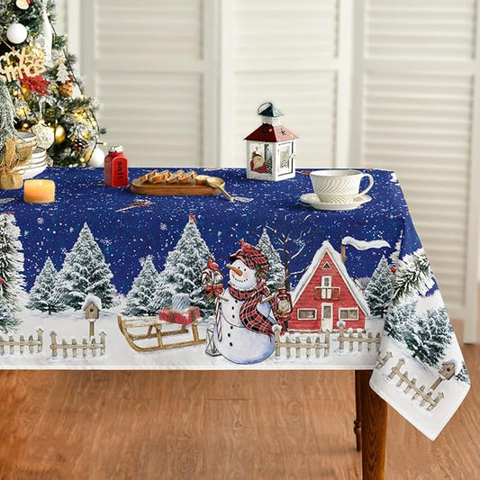 Horaldaily Christmas Tablecloth 60×140 Inch Rectangular, Winter Snowman House Christmas Trees Blue Washable Table Cover for Party Picnic Dinner Decor