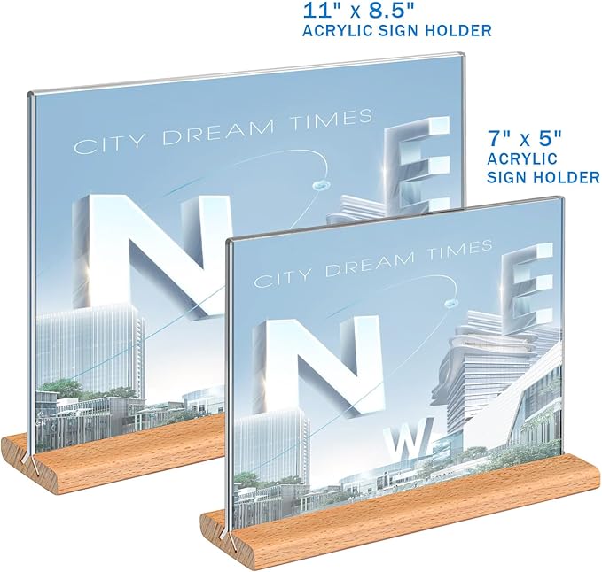 Kersally Acrylic Sign Holder 11 x 8.5'', 4 Pack Double-Sided Clear Table Display Stands with Wood Base,Horizontal Acrylic Frame Menu Flyer Paper Holder for Store, Restaurant, Hotel, Office, Show Fair
