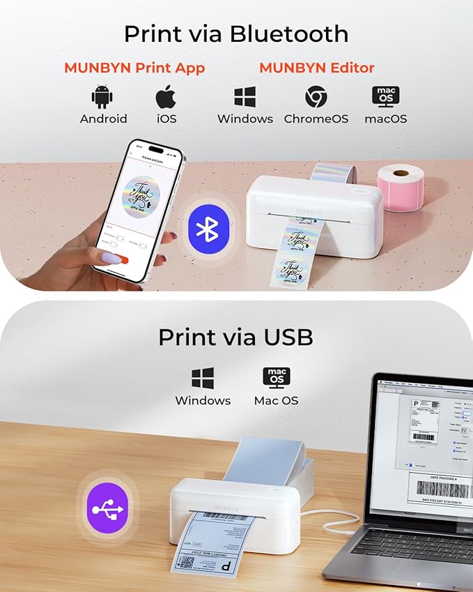 MUNBYN Bluetooth Thermal Label Printer RealWriter RW402B, 4x6 Shipping Label Printer for Small Business, Compatible with Android, iPhone and Windows, Mac, Chromebook, Ebay, USPS, FedEx, Shopify
