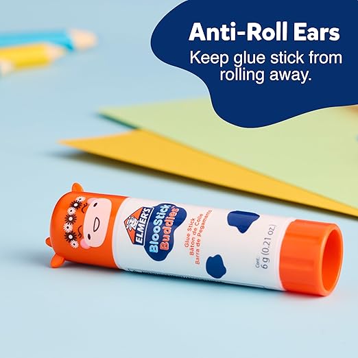 Elmer's BlooStick Buddies Glue Sticks, Disappearing Blue Glue Stick, Anti-Roll Cap, 6g, 48 Count