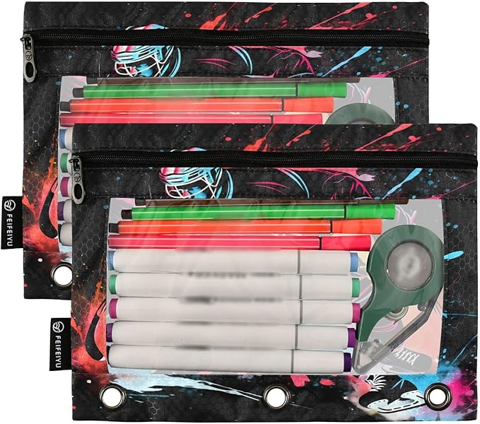 Hockey Player Pencil Pouch for 3 Ring Binder, 2 Pack Waterproof Pencil Bags Clear Window Zipper School Office Supplies