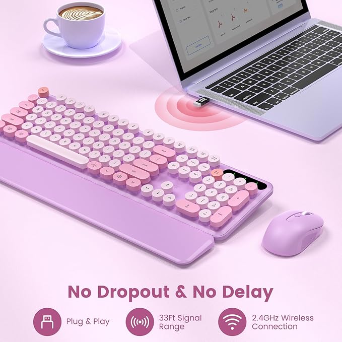 Wireless Keyboard and Mouse Combo-Round Keycaps, Full-Size Retro Typewriter Keyboard with Detachable Wrist Rest, Sleep Mode & Tilt Legs, 2.4GHz Cordless Connection for Mac/Windows/PC (Lavender Purple)