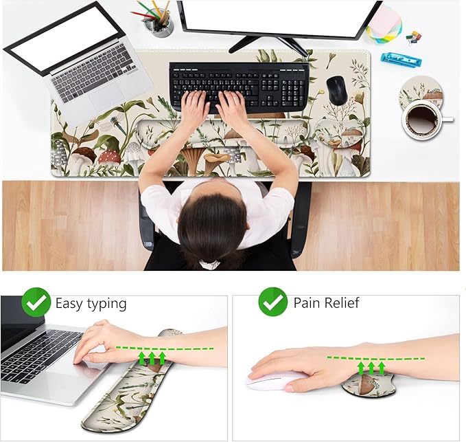AIMSA Large Gaming Mouse Pad Set, Keyboard Wrist Rest Support+ Extended Mousepad+ Mouse Wrist Cushion+Coaster, Ergonomic Multifunctional Desk Mat 35x15.7in, Mushroom Plant Garden