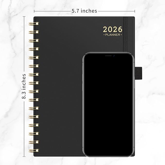 RETTACY 2026 Planner, Weekly and Monthly, Medium Size (5.7" x 8.3"), Jan - Dec 2026, Agenda, Calendar, 12 Month Tabs, Flexible Plastic Cover, 100 GSM Thick Paper, Spiral-bound (Black)