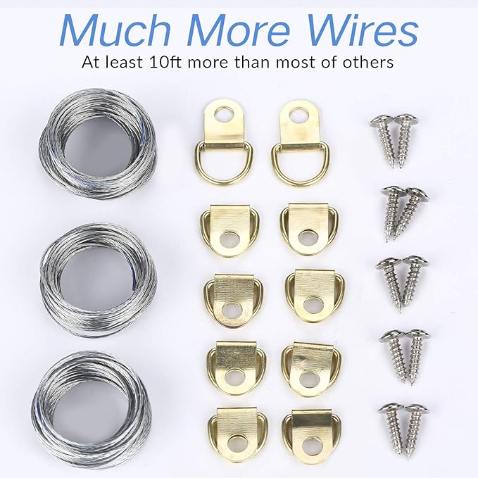 Picture Hangers, Picture Hanging Kit, 225pcs Heavy Duty Frame Hooks Hardware with Nails, Hanging Wire, Screw Eyes, D Ring and Sawtooth for Wall Mounting