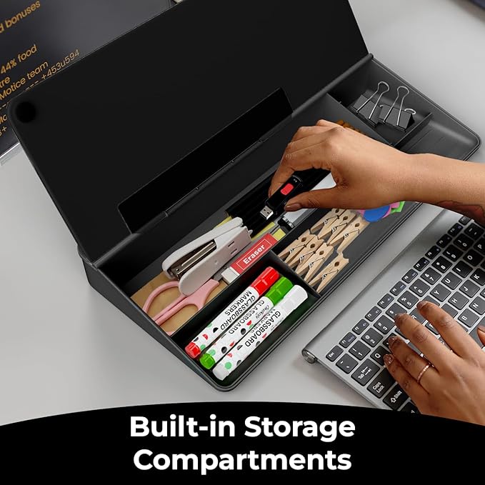 Chalkola Black Glass Desktop Whiteboard with Storage - Dry Erase Board, Work Desk Organizers, Computer Keyboard Stand, Home Office Desk Accessories, Workspace Desktop Buddy + 3 Markers