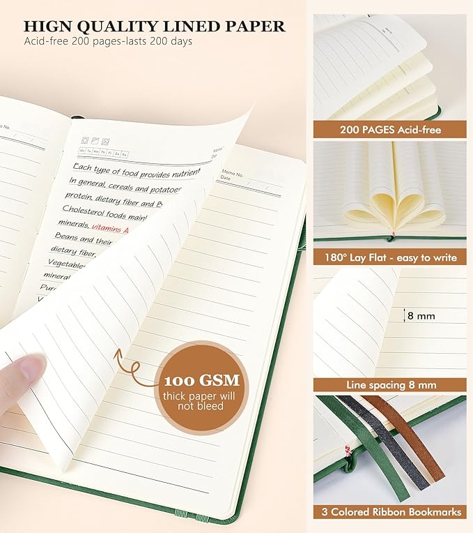 Lined Journal Notebook for Men & Women,200 Pages A5 Hardcover Leather Notebook (5.9"x8.5"), Travel Journal for Work, School, Business Writing, Note Taking, Notepad Diary (Green)