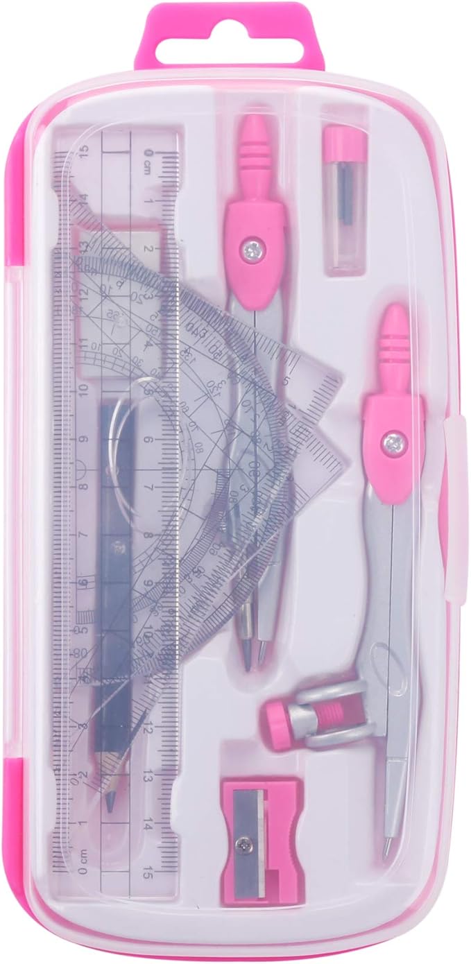 Math Geometry Kit Sets 10 Piece Student Supplies with Shatterproof Storage Box,Includes Rulers,Protractor,Compass,Eraser,Pencil Sharpener,Lead Refills,Pencil,for Drafting and Drawings（Pink）