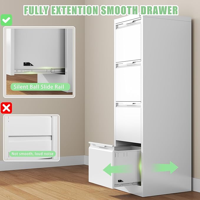 4-Drawer File Cabinet with Lock,Metal Vertical Filing Cabinets for Home Office,Under Desk File Cabinets for Letter/Legal/A4 Size Files,Easy Assemble