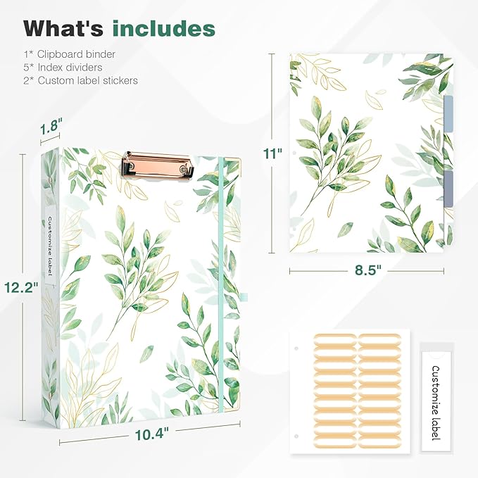 Ospelelf Binder 3 Ring 1 Inch, Green Floral Round Ring Clipboard Binder for Letter Size Paper with 5 Tab Dividers, for School and Office Supplies