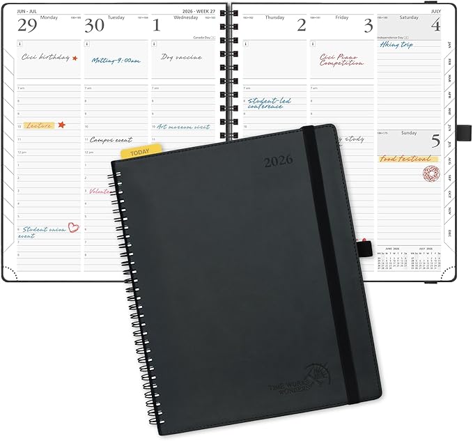 POPRUN 2026 Planner (Large - 8.5" x 10.5") with Hourly Schedule, Vertical Layout - 2026 Weekly Calendar (Jan. 2026 - Dec.2026) for Time Management, Monthly Tabs, Spiral Bound, Soft Cover - Black