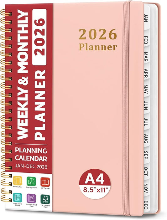 2026 Planner, Weekly and Monthly Calendar Planner, January 2026 - December 2026, Hardcover 2026 Calendar Planner Book with Tabs For Women & Men, Inner Pocket, Spiral Bound, Perfect for Office Home School Supplies - A4 (8.5" x 11"), Pink