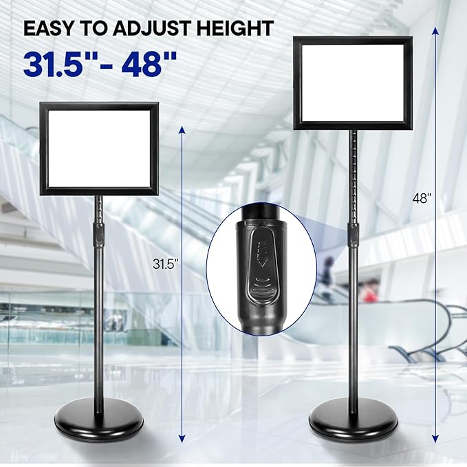 SENZHIYI Heavy Duty Poster Sign Stand Holder Adjustable Snap Open Aluminum Pedestal Floor Sign Holder Standing Vertical and Horizontal View Sign Displayed (Black, 8.5x11inches 2packs