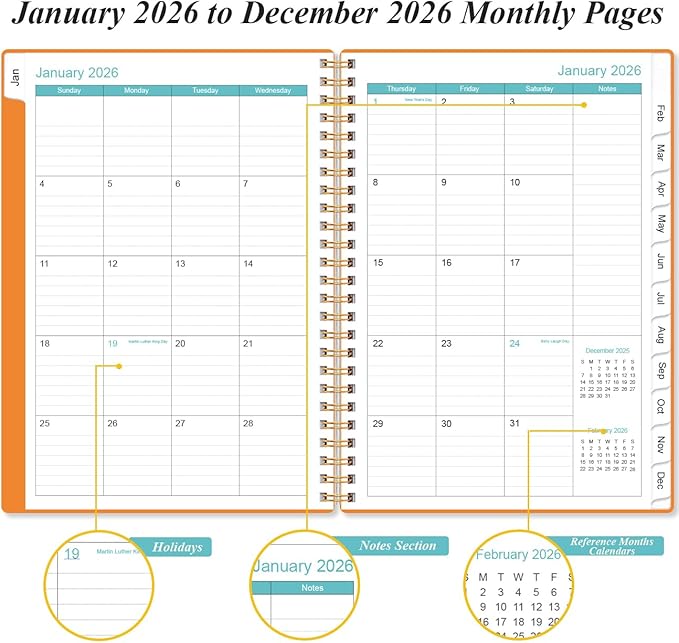 2026 Planner - Planner 2026 from January 2026 - December 2026, Weekly & Monthly Planner Spiral Bound with 12 Monthly Tabs, Inner Pocket, 6.4" x 8.5", Orange-E