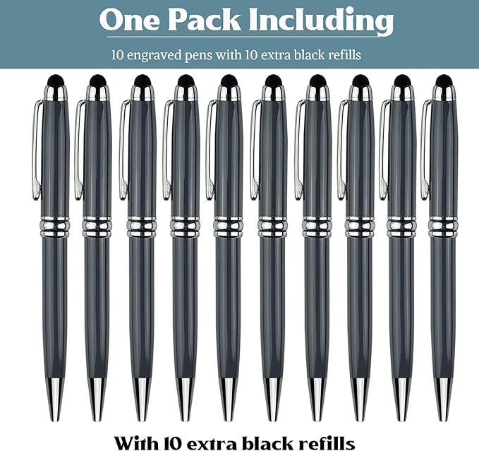 Ancolo Personalized Fancy Pens with Stylus Tip for Touch Screen Phones Office Writing Set- Engraved with Your Message Name Company Team Name, Phone Number Gift for Business Men 10 Pens/Box