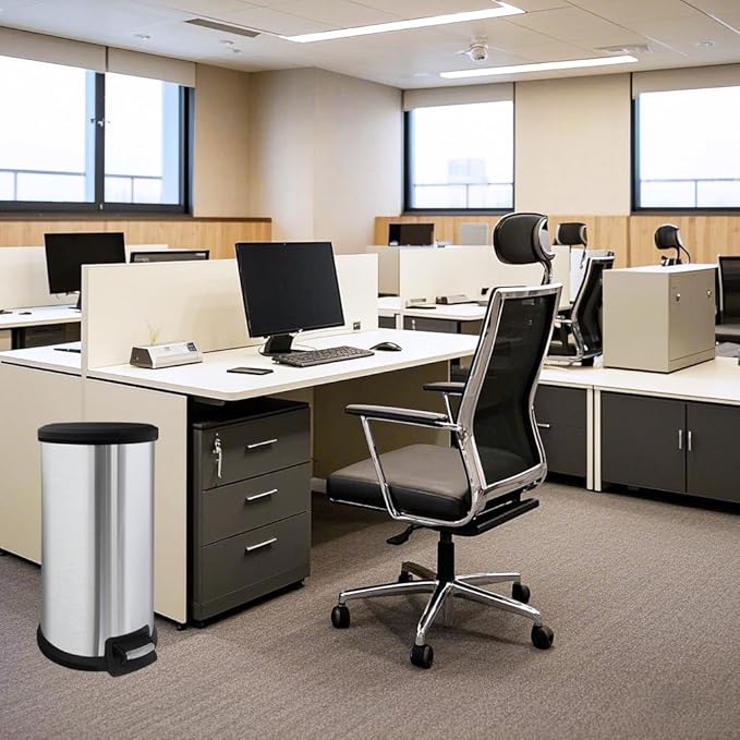 10 Gallon Stainless Steel Trash Can – Round Tall Design, Hands-Free Pedal, Liner-Free with Inner Ring Bag Holder, Rust-Proof for Kitchen, Office, or Bathroom (12.8" x 13.6" x 24")