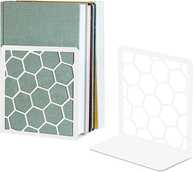 GEOMOD Geometric Honeycomb White Metal Bookends Decorative - Tall Sturdy Book Ends for Shelves - Modern Heavy Duty Bookend Stopper - Office or Home Book Shelf Book Holder - 6x3.25x6.25 Inches - 1 Pair