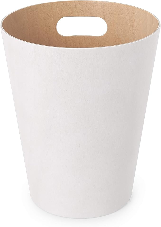 Umbra Woodrow, 2 Gallon Modern Wooden Trash Can Wastebasket or Recycling Bin for Home or Office, White