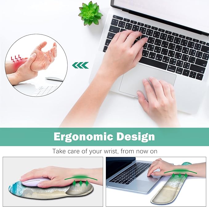 ARTSO Large Mouse Pad Ergonomic Keyboard Wrist Rest Support Combo, Non-Slip Memory Foam Gel Extended Desk Mat Protector, Ocean Beach Sunbathing