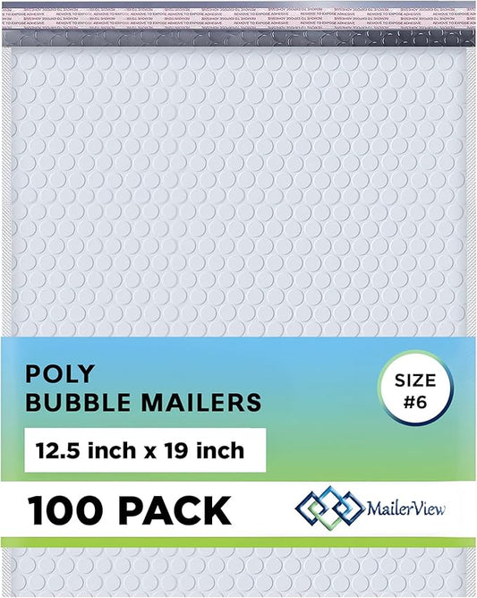 White 12.5x19.5 Inch Large Poly Bubble Mailers #6 | Padded Envelopes with Self Seal | Air Lined Cushioned Bubble Mailer | Usable Size 12.5x15 | 100 Pack Bulk | Lightweight shipping Bags | Made in USA