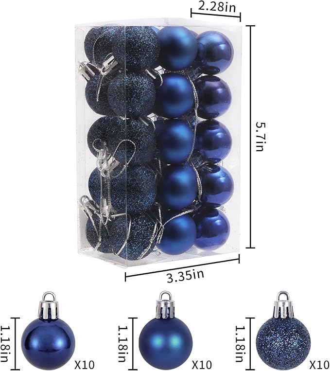 30ct Christmas Ball Ornaments, 1.18" Shatterproof Christmas Tree Decorations, Perfect Hanging Ball for Indoor/Outdoor Holiday Party Decor (Dark Blue)