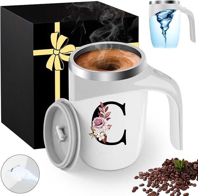 Initial Magnetic Stirring Coffee Mug Stainless Travel Cup Stainless Steel Leackproof Cup Camping Taza Cafe Regalos Cumpleaños Navidad Para Mujer Mama Abuela Mi Novia Maestra 14 Febrero San Valentín,C