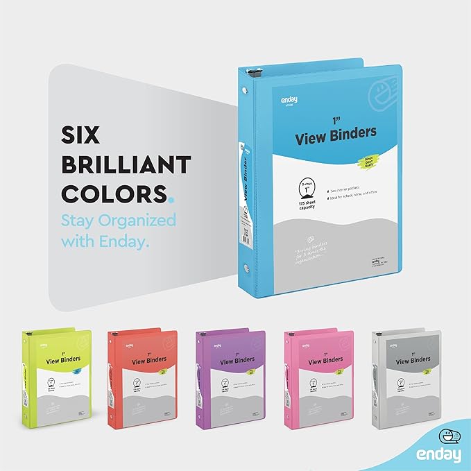 3 Ring Binder Blue, 1 Inch, 1” Clear View Cover with 2 Inside Pockets Round Ring Binder, Colored School Supplies Binders, Also Available in Pink, Blue, Purple, Green, and Grey (6 PC) – by Enday