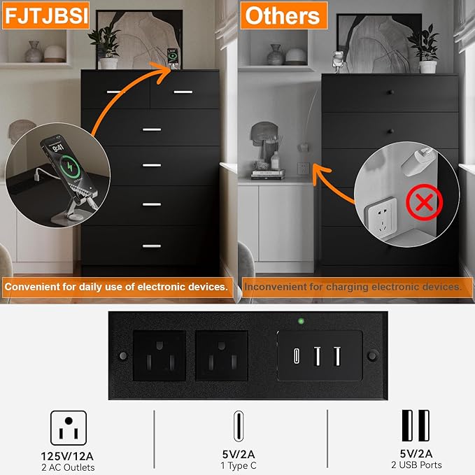 Dresser with Power Outlets Wooden 6 Drawer Dresser with Large Organizer Black Tall Storage Organizer with Smooth Metal Rail Modern Chest of Drawers Closet for Bedroom Hallway