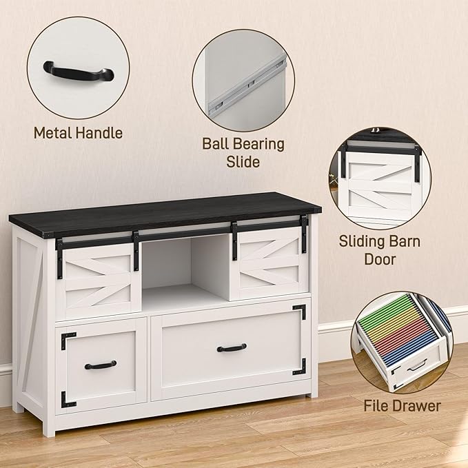 Lateral File Cabinets 2 Drawer with Sliding Barn Doors, Farmhouse Filing Cabinet with 2 Drawer for Home Office，Filing Organization Storage Cabinets for Hanging Files Letter/Legal/F4/A4.(Black.)