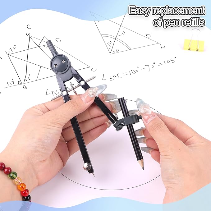 Professional Compass for Geometry Set, Metal Compass with Wheel and Lock for Geometry, Drawing Compass Tool, Circle Drafting Tool, and 6 Inch Math Protractors 180 Degree (Black)