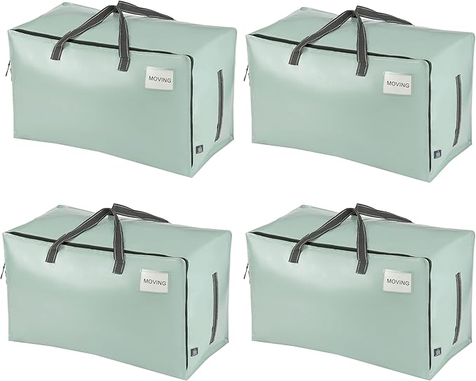 VENO 4 Pack Moving and Storage Bags, Heavy Duty, Alternative to Moving Boxes, Large Packing Totes Supplies for College Dorm Room with Zipper for Clothes, Wide Open Design (Shiny Light Green, 4 Pack)