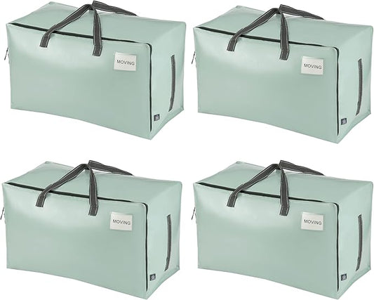 VENO 4 Pack Moving and Storage Bags, Heavy Duty, Alternative to Moving Boxes, Large Packing Totes Supplies for College Dorm Room with Zipper for Clothes, Wide Open Design (Shiny Light Green, 4 Pack)